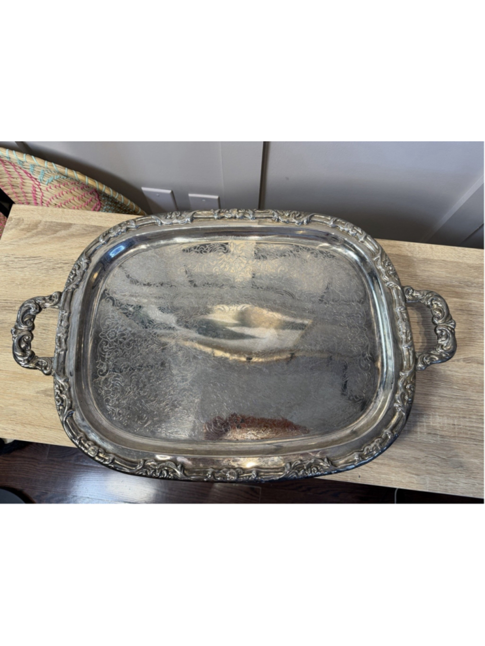 Heavy VINTAGE Silver Plate Large 23”Handled Footed Ornate Serving Tray